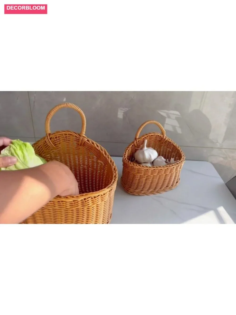 Japanese Rattan Style Hanging Storage Baskets 2-Pack Kitchen Organizer Garlic